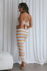 Soul Sister Fringe Hem Crochet Midi Skirt Blush