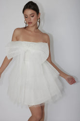 Deana Bow Bust Strapless Mini Dress Spotty White