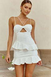 Moment Of Truth String-Tie Ruffle Trim Mini Dress White