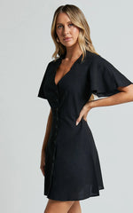 Sahar Mini Dress Flutter Sleeve Button Through Dress in Black