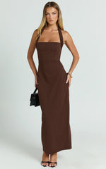 Salome Midi Dress Halter Neck Column Dress in Chocolate