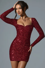 Sephina  Embellished Sweetheart-Neck Mini Dress in Red