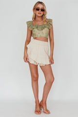 Dreamy On Or Off-Shoulder Frill Crop Top Beige/Olive
