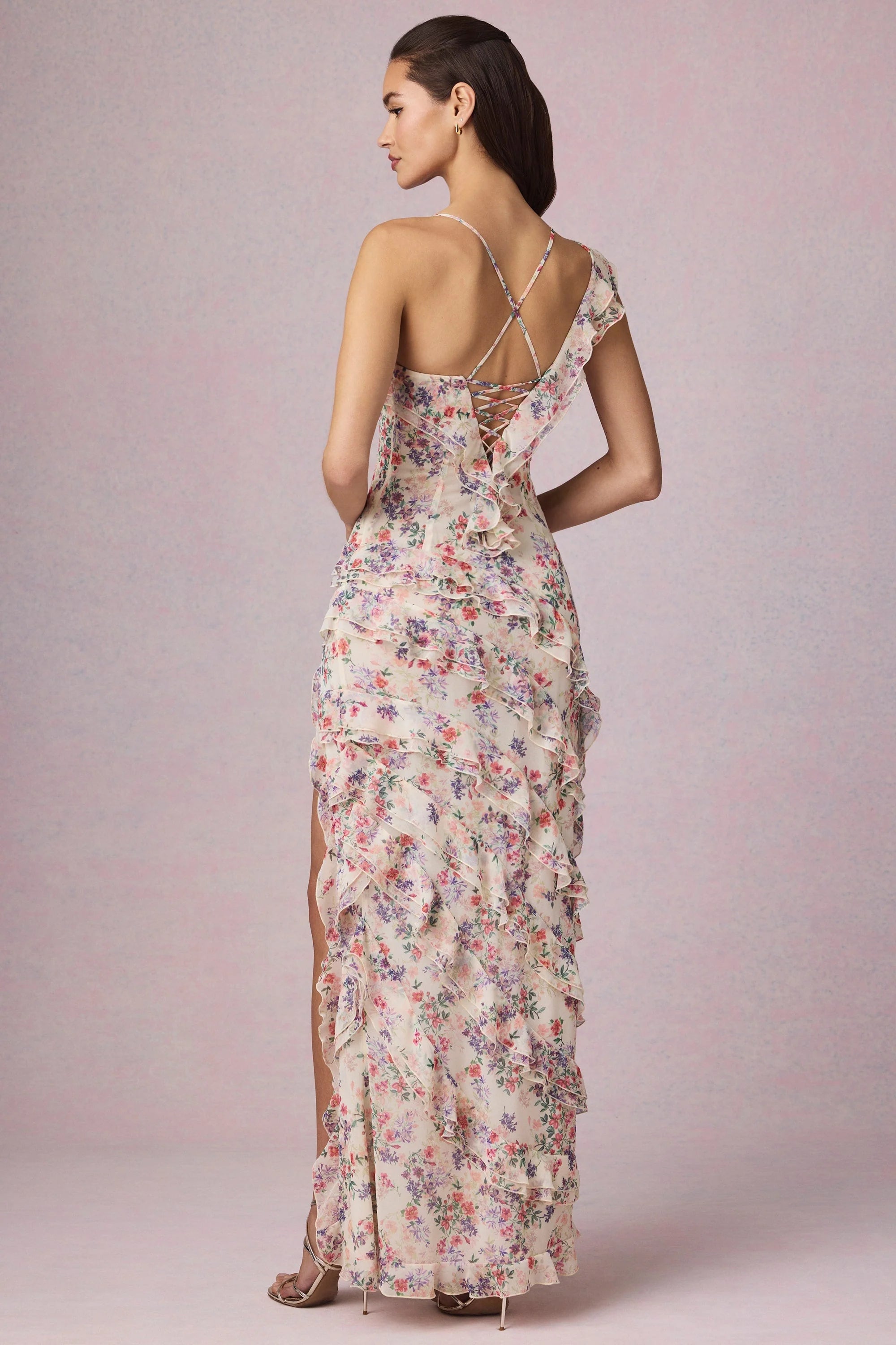 Asymmetric Ruffled Lace-Up Gown in Primrose Floral Print