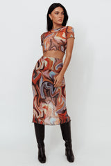 Priyanka Lettuce Edge Mesh Midi Skirt Brown Multi