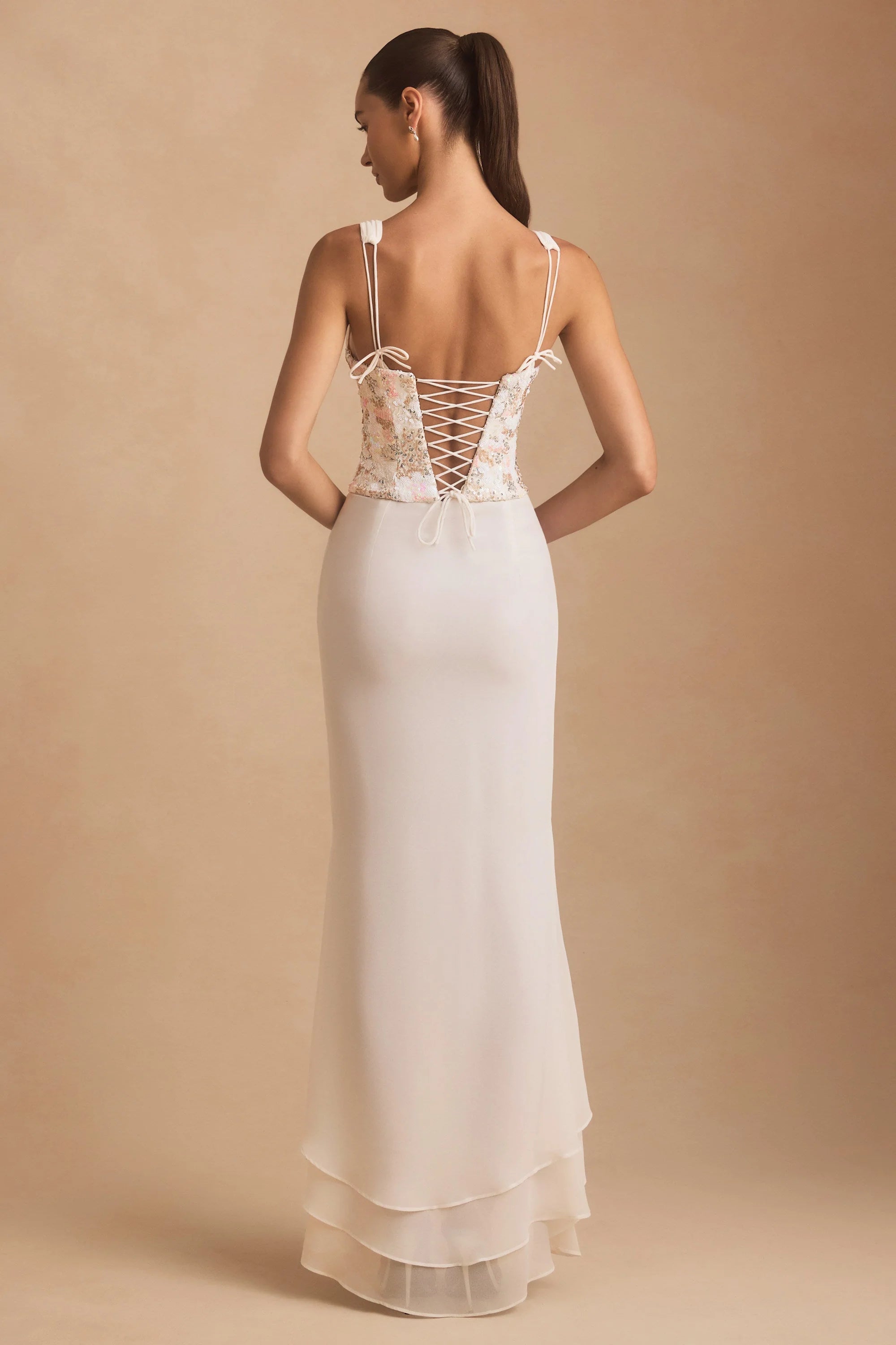 Embellished Plunge Ruffled Corset Maxi Dress in Ivory