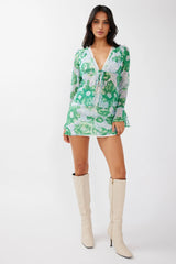 Sincerity Long Sleeve Tie Front Top Print Green