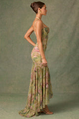 Ruched Asymmetric Corset Gown in Floral Multi Print