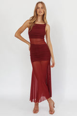 Sade Sheer Panel Ruched Maxi Dress Wine