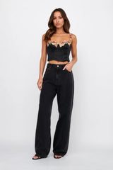 Rose Garden Floral Applique Crop Top Black
