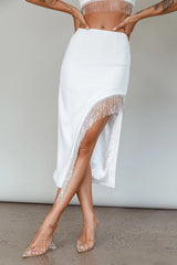 Attention Seeker Diamante Trim Midi Skirt Off White