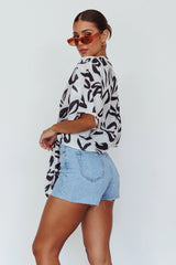 Rivera Deep-V Waist-Tie Top Leaves Black