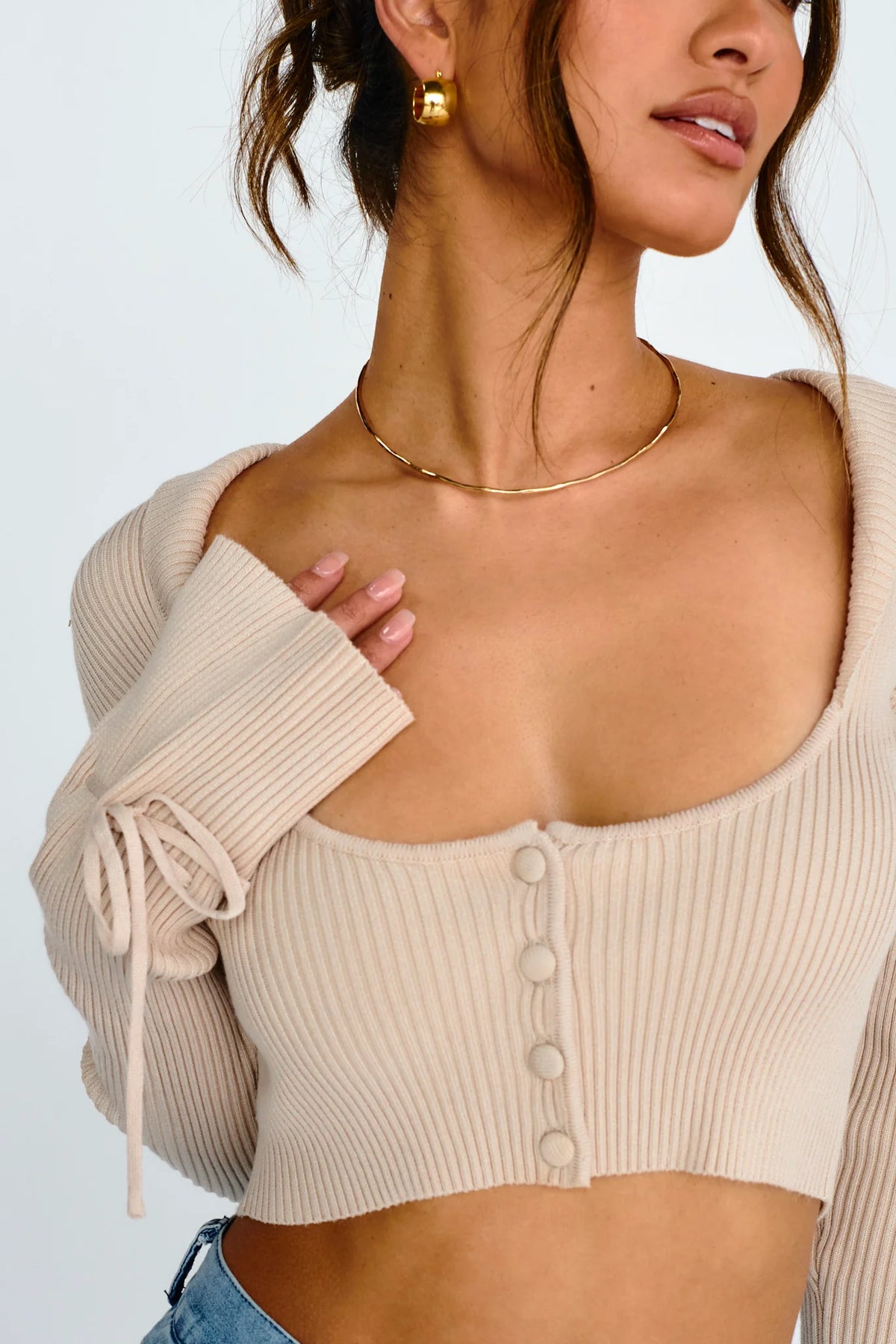 Pippi Flared Cuff Knit Crop Top Taupe