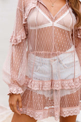 Double Dare Sheer Lace Trim Shift Top Mocha