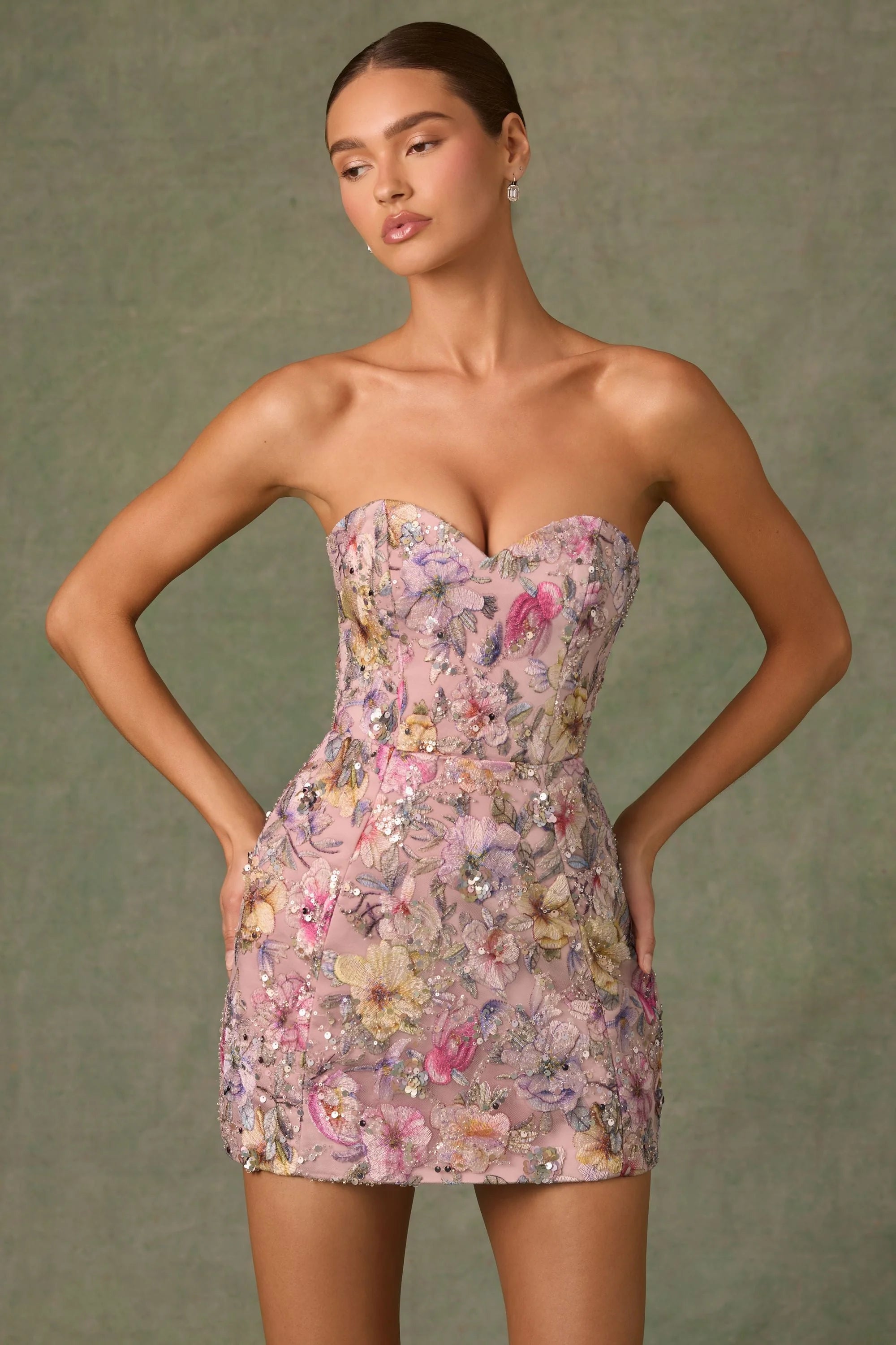 Embellished Convertible Lace-Up Gown in Floral Pink