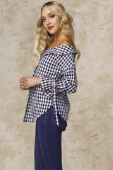 Clarke Off the Shoulder Checkered Dress Shirt Navy