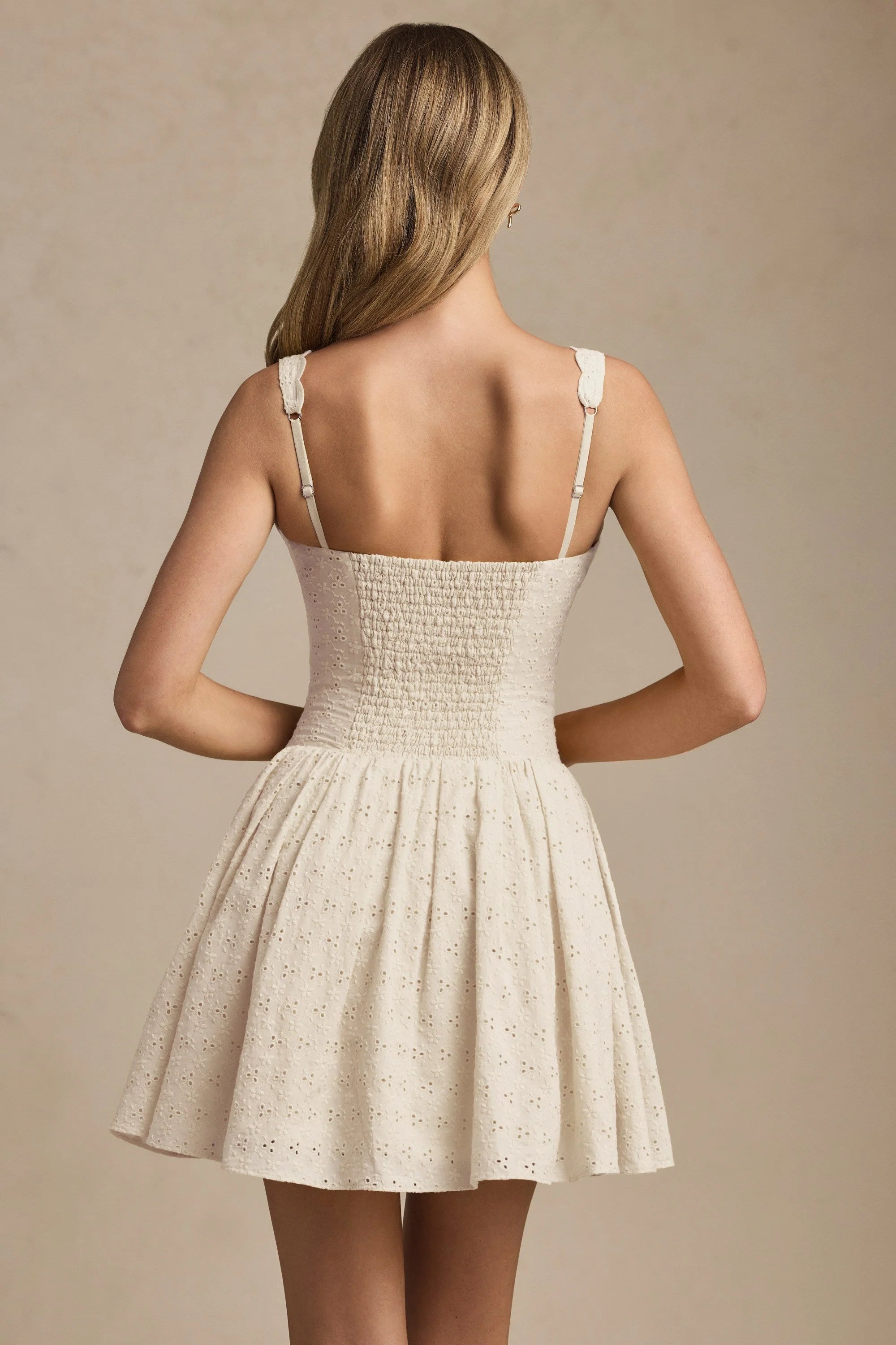 Broderie Anglaise Bow-Detail A-Line Mini Dress in Ivory