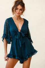 Athira Tied Bust Flared Sleeve Frill Romper Teal