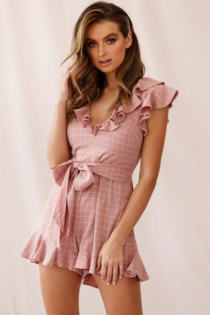 Vivvy Ruffle Shoulder Waist Tie Romper Square Print Nude