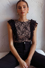 Spring Fling Frill Trim Lace Bodysuit Black