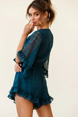 Athira Tied Bust Flared Sleeve Frill Romper Teal