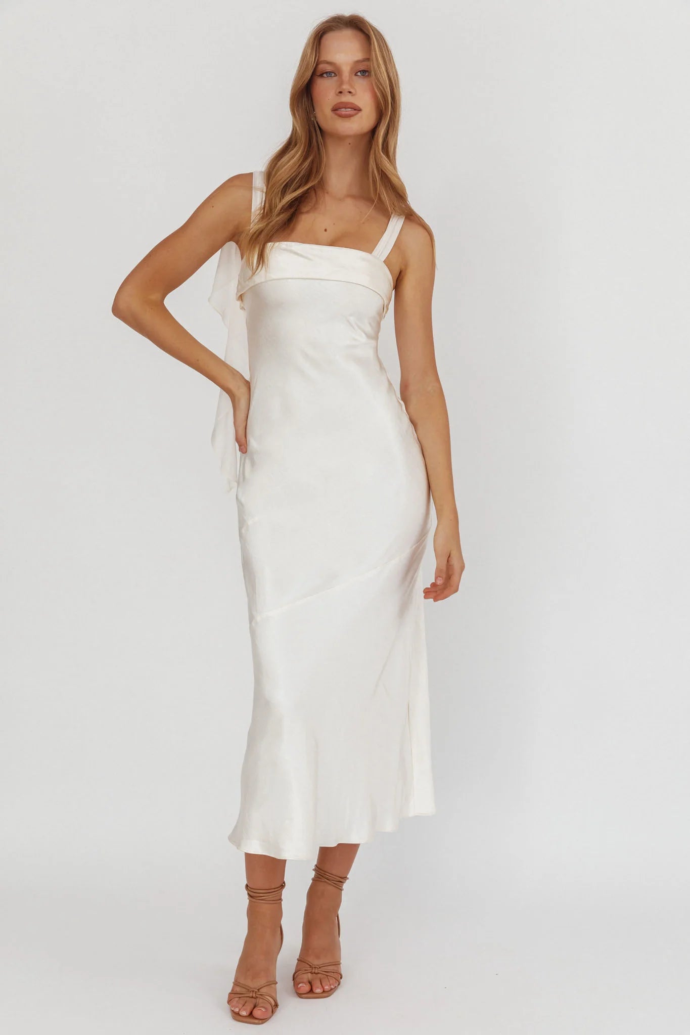 Carmel Shoulder Sash Midi Dress Oyster