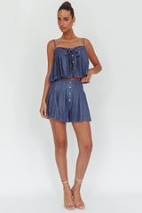 Country Girl Pleated High Waist Shorts Dark Denim