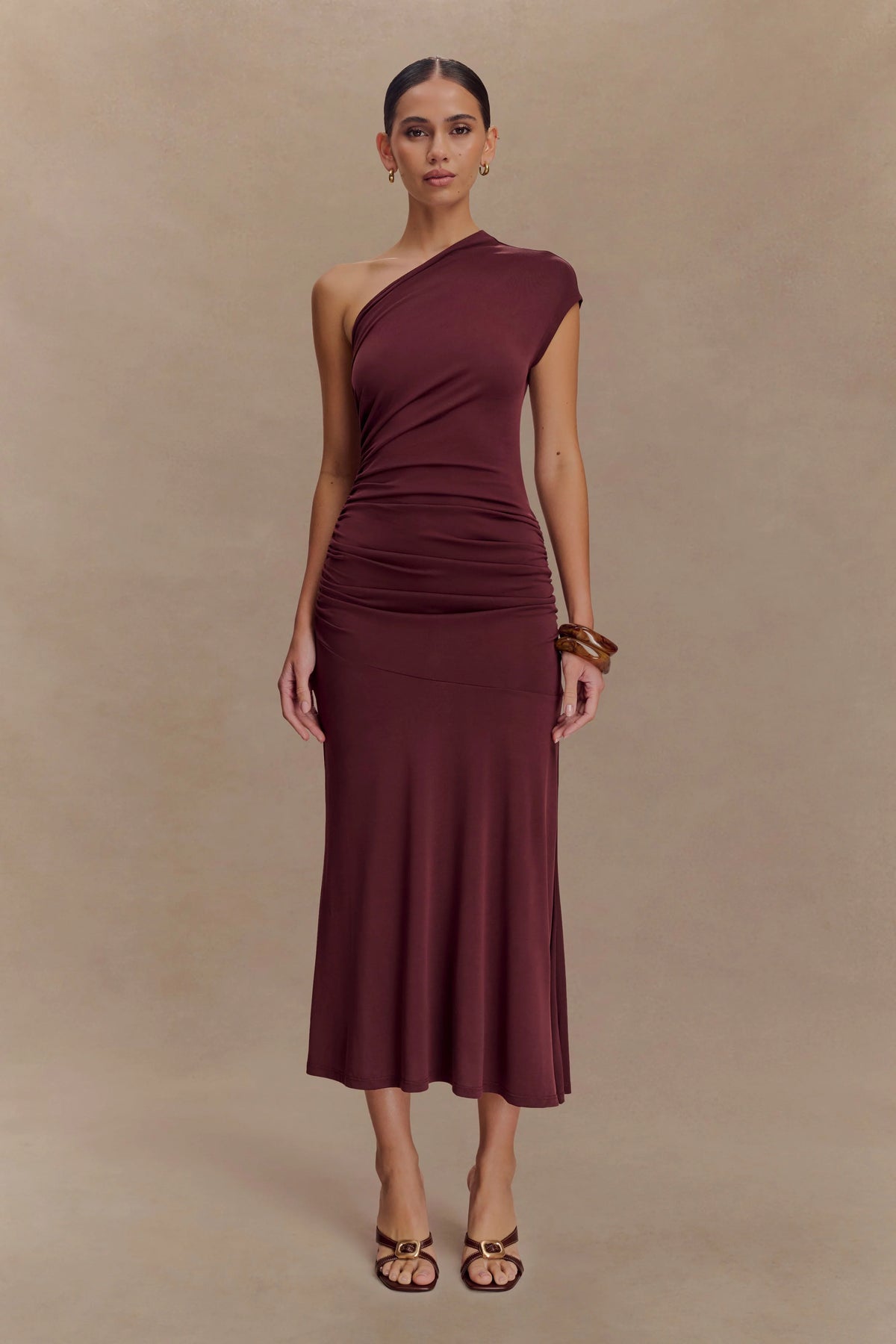 Chloe Peached Jersey One Shoulder Midi Dress - Mahogany