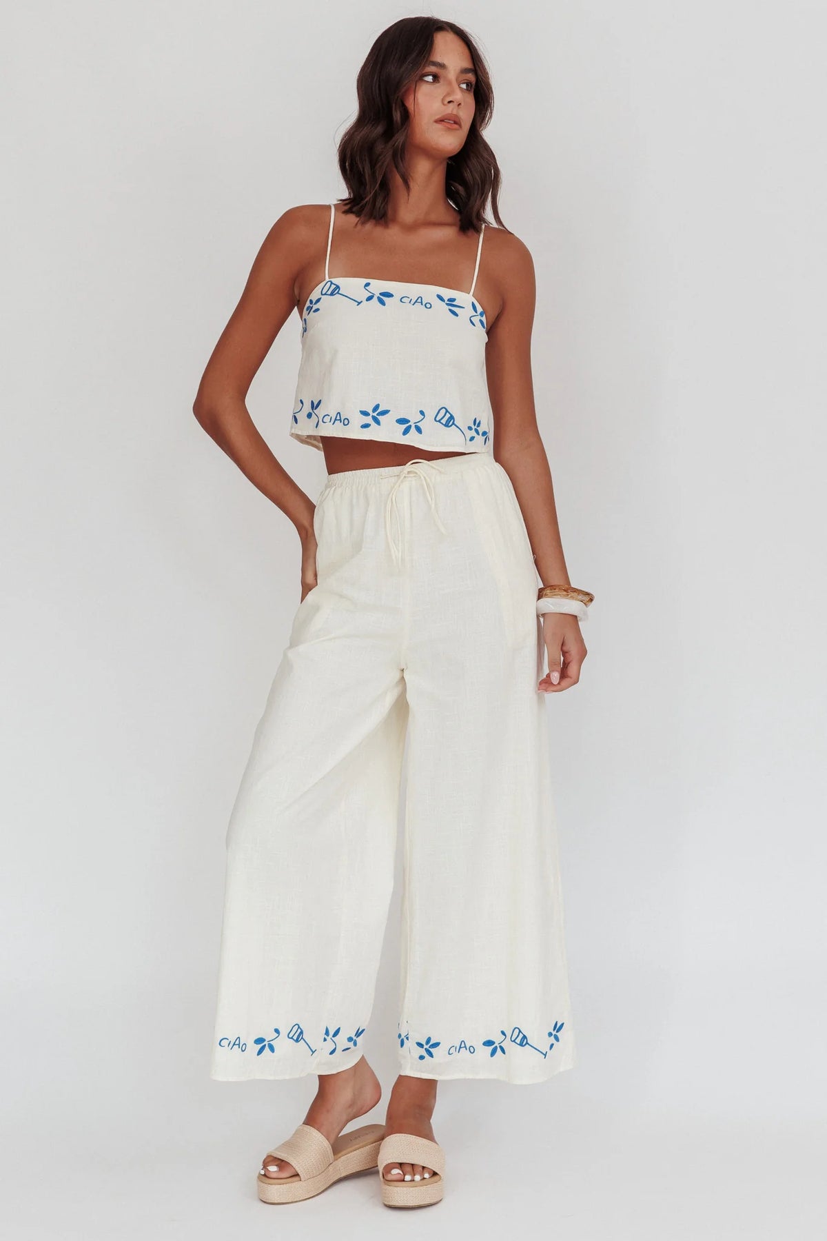 Sorrento Summer Embroidered Wide-Leg Pants Beige
