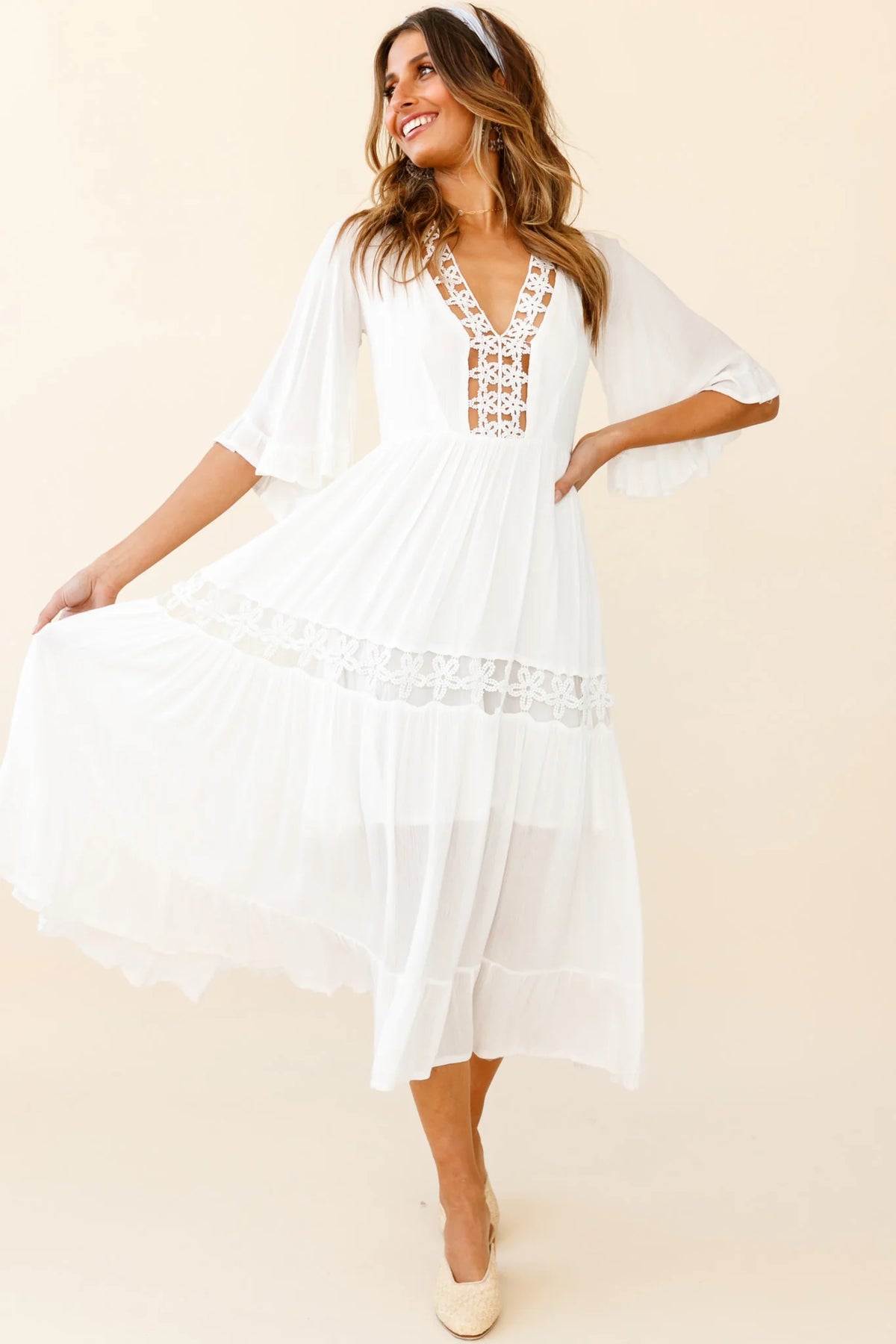 Feeling Groovy Bell Sleeve Crochet Trim Maxi Dress White
