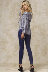 Clarke Off the Shoulder Checkered Dress Shirt Navy