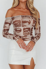 Ramona Long Sleeve Off-Shoulder Top Print Brown