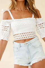 Danella Puff Sleeve Tied Shoulder Crop Top White