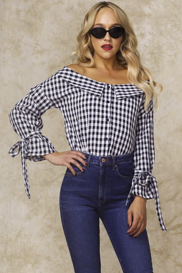 Clarke Off the Shoulder Checkered Dress Shirt Navy