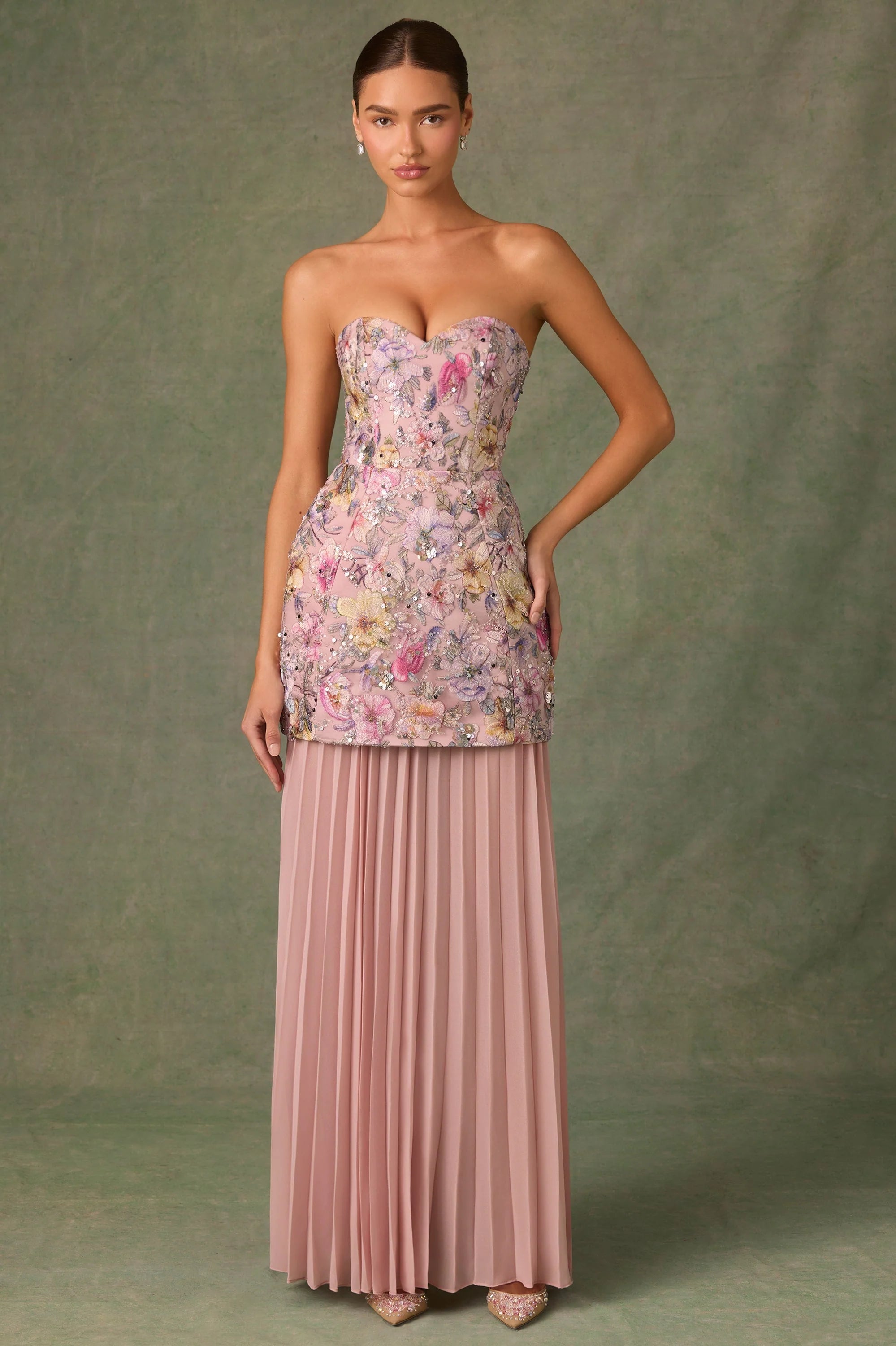 Embellished Convertible Lace-Up Gown in Floral Pink