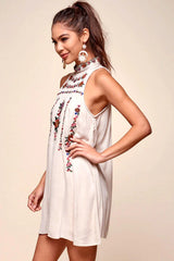 Shonda Floral Embroidered Detail Mid-Length Dress Beige