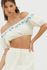 Ritual Puff Sleeve Embroidered Crop Top Beige