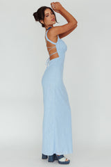 Dream Crush Lace-Up Back Mesh Overlay Midi Dress Blue