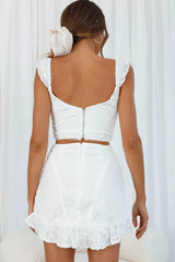 Quincy Frill Strap Floral Embroidery Crop Top White