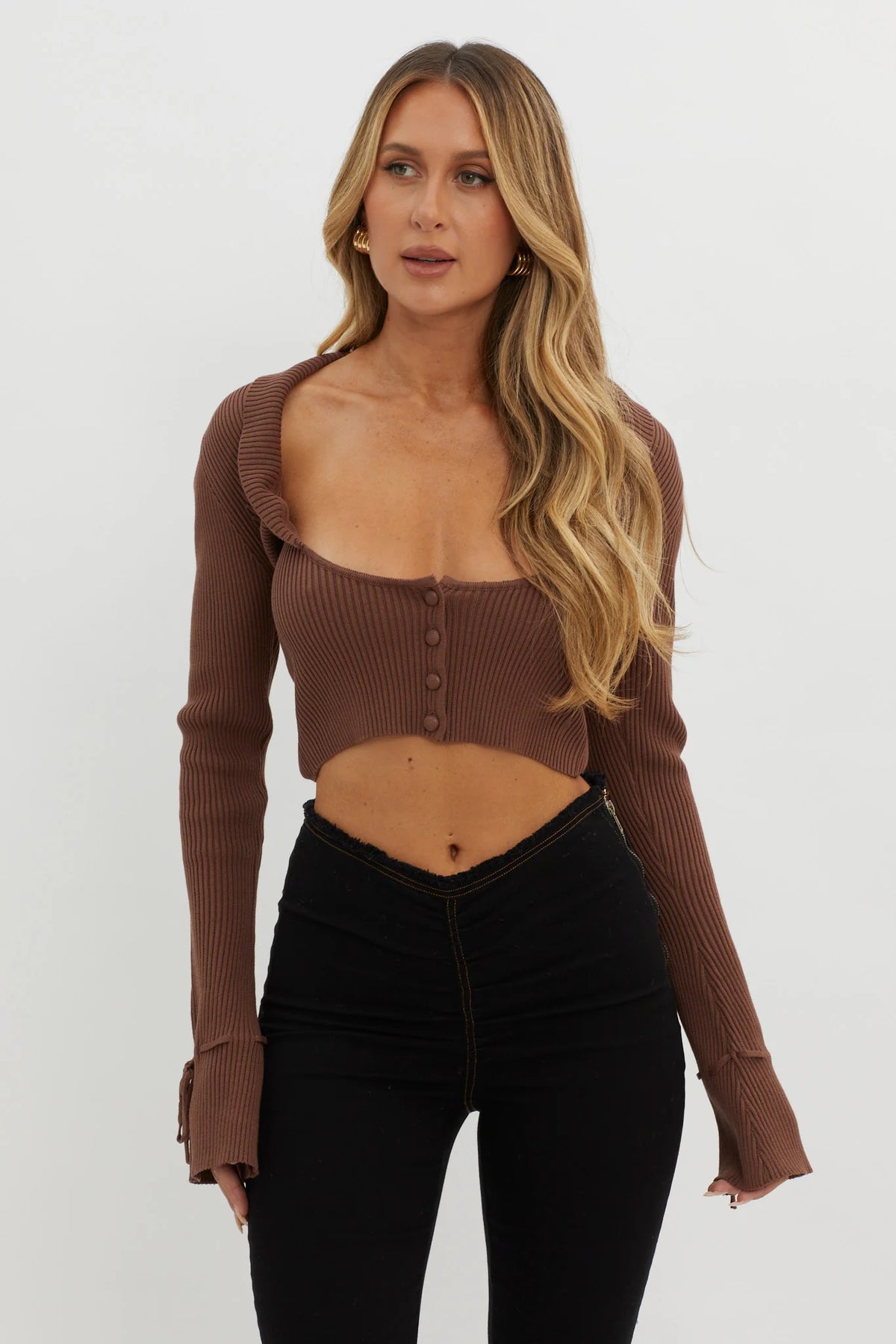 Pippi Flared Cuff Knit Crop Top Cocoa