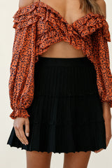 Rosarito Long Balloon Sleeve Halterneck Crop Top Leaf Print Tan
