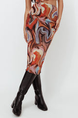 Priyanka Lettuce Edge Mesh Midi Skirt Brown Multi