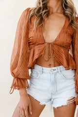 Darla Tie Front Balloon Sleeve Top Stripe Pattern Tan