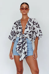 Rivera Deep-V Waist-Tie Top Leaves Black