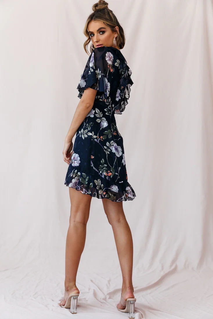 June Angel Sleeve Ruffle Detail Dress Navy