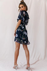 June Angel Sleeve Ruffle Detail Dress Navy