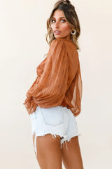 Darla Tie Front Balloon Sleeve Top Stripe Pattern Tan