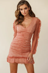 Tamara Ruched Long Sleeve Lace Mesh Dress Rose
