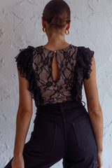 Spring Fling Frill Trim Lace Bodysuit Black