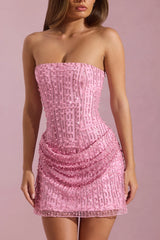 Embellished Draped Strapless A-Line Mini Dress in Pink